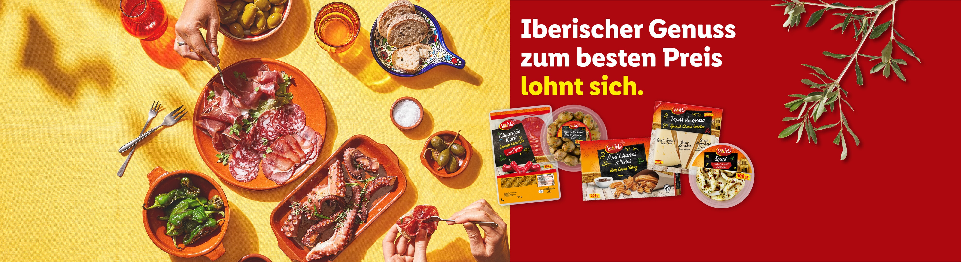 Iberische Tapas mit Oktopus, Wurstwaren und Paprika auf gelbem Tisch. Text: „Iberischer Genuss zum besten Preis lohnt sich.“
