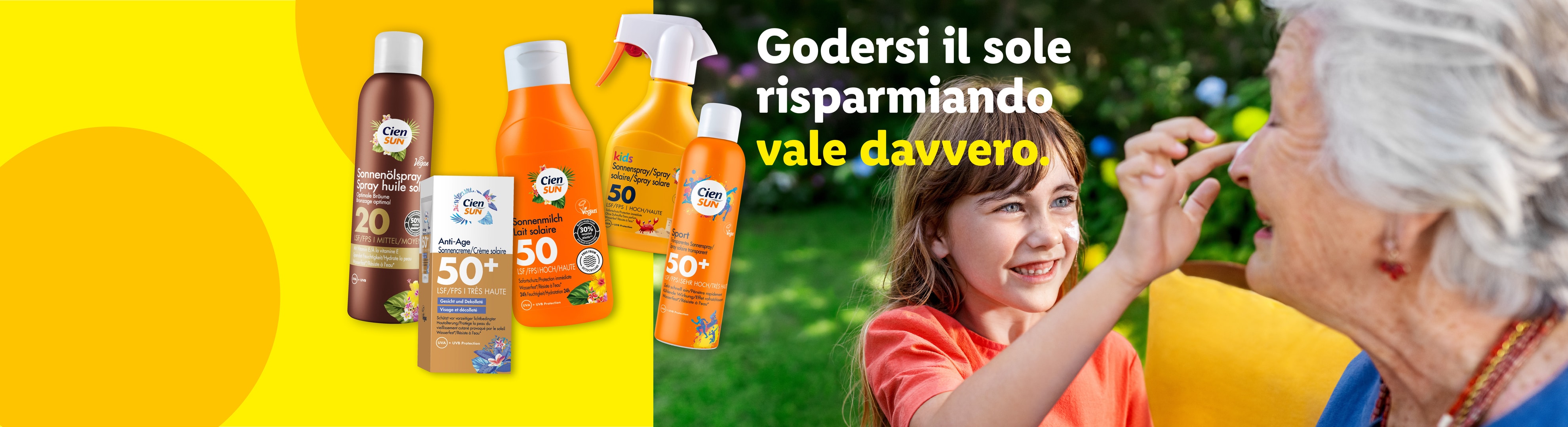 Creme solari e spray per bambini e adulti, con una bambina che applica la crema solare a una donna anziana.