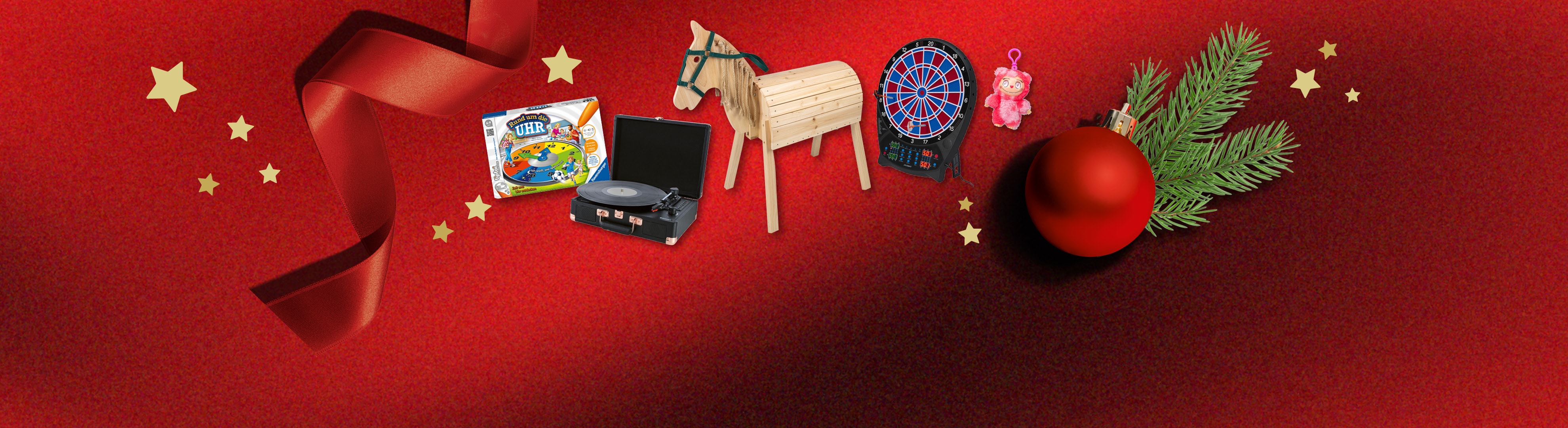 Weihnachtsgeschenkideen: Plattenspieler, Schaukelpferd, Dartscheibe und Brettspiel.