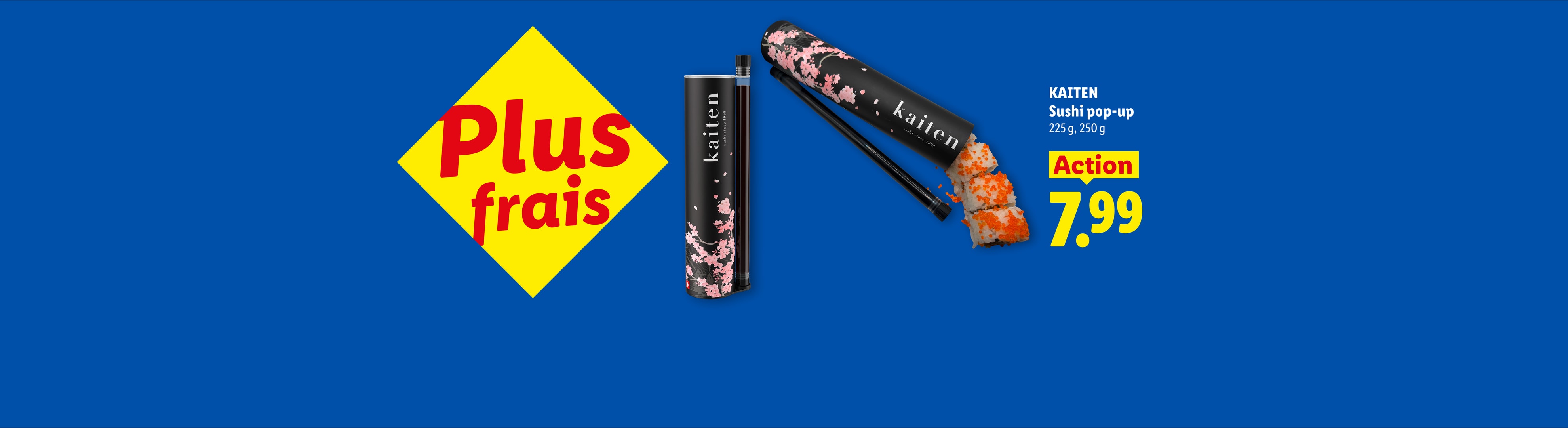 Sushi pop-up avec des baguettes, affiché avec un prix promotionnel de 7,99.
