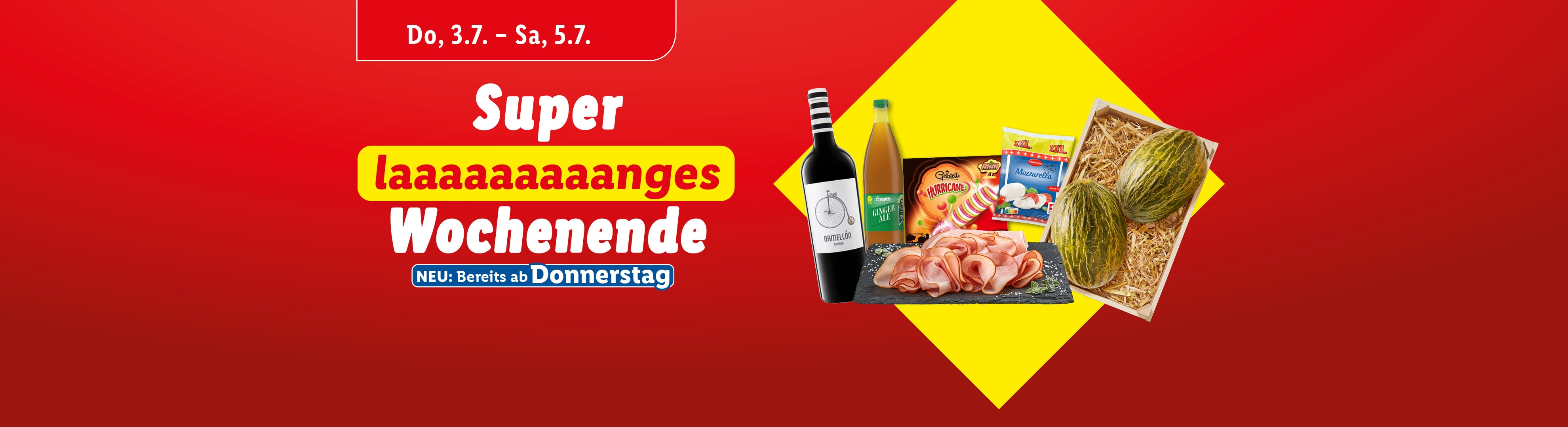 Super-Wochenende mit Schinken, Melonen, Mozzarella und Getränken.