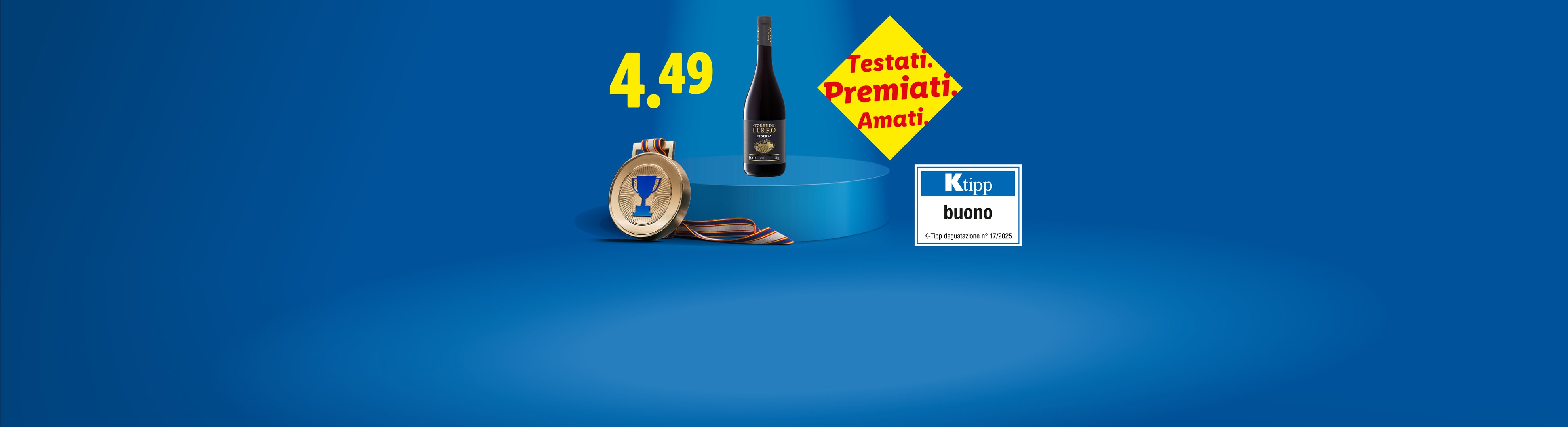 Bottiglia di vino rosso Torre de Ferro con medaglia, prezzo di 4,49 e etichette di qualità.