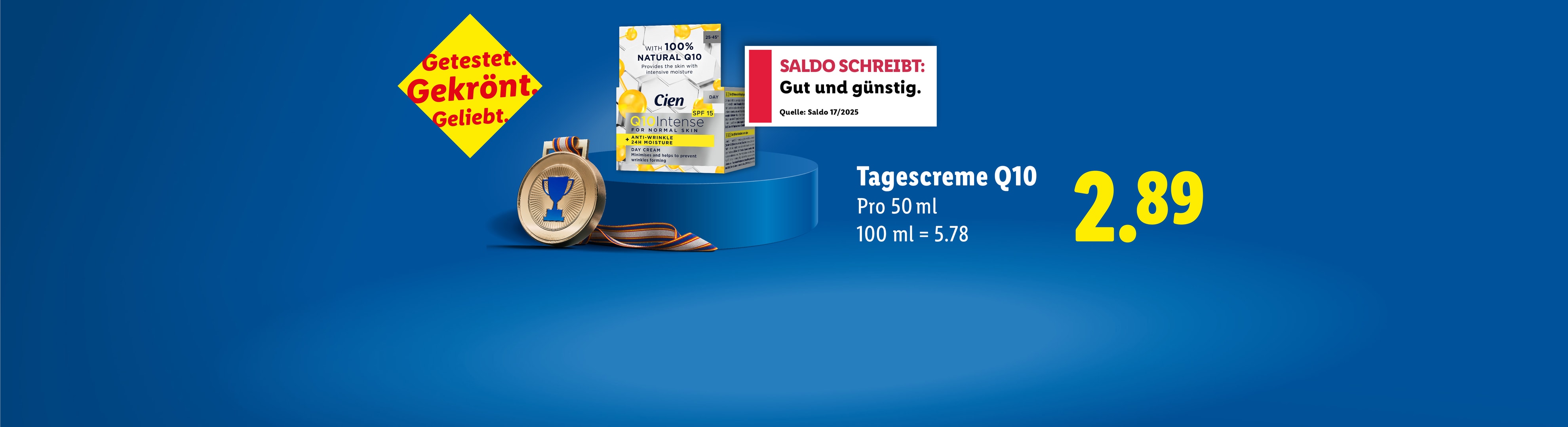 Q10 Tagescreme mit Goldmedaille, Preis und positiver Bewertung.