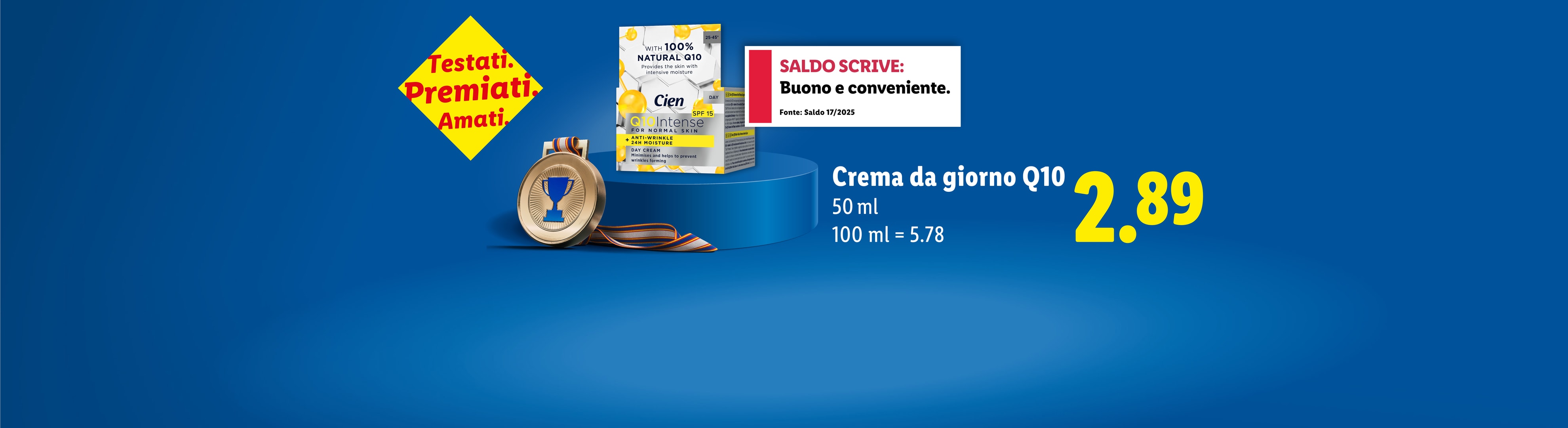 Crema giorno Q10 con il 100% di Q10 naturale, 50 ml a 2,89 euro, con medaglia di riconoscimento.