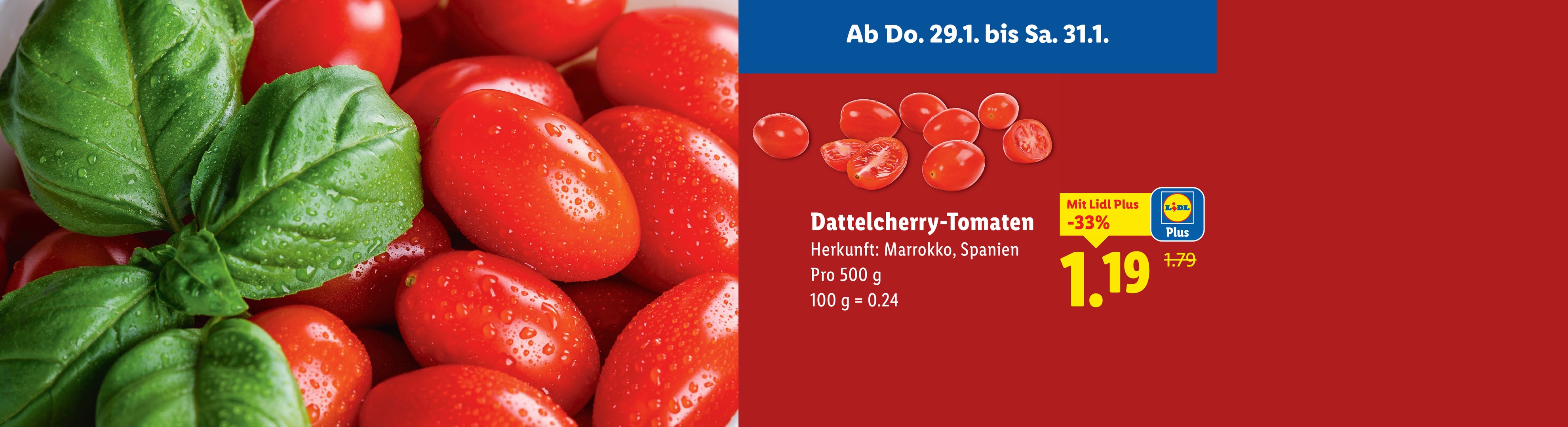 Dattelcherry-Tomaten und frischer Basilikum mit Wassertropfen, Sonderangebot vom 29.1. bis 31.1.