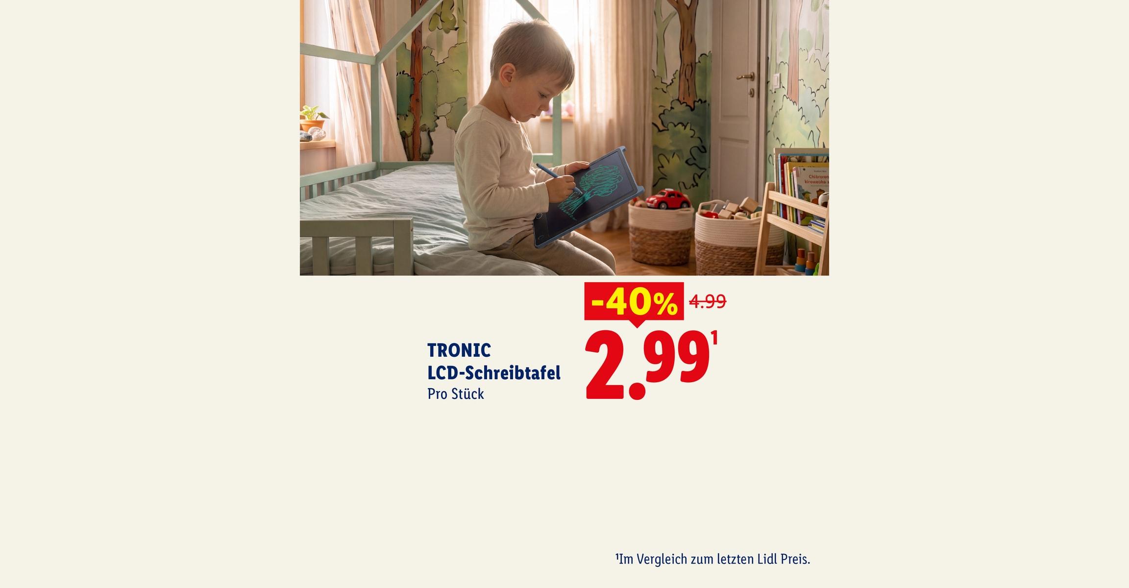 AI-generiert: TRONIC LCD-Schreibtafel Pro Stück -40% CHF 2.99 Im Vergleich zum letzten Lidl Preis.