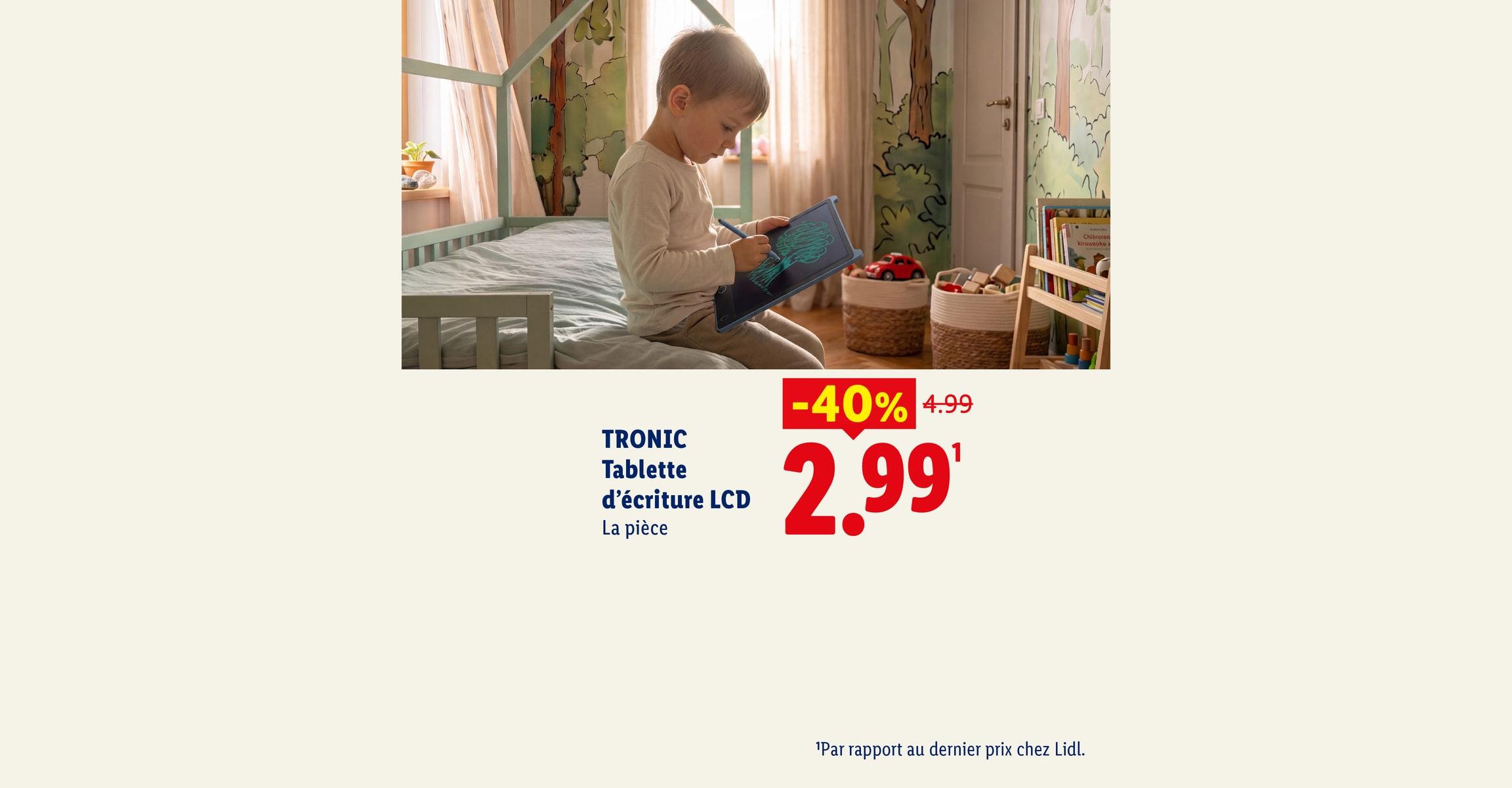 Généré par AI: TRONIC Tablette d'écriture LCD La pièce -40% CHF 2.99 Par rapport au dernier prix chez Lidl.