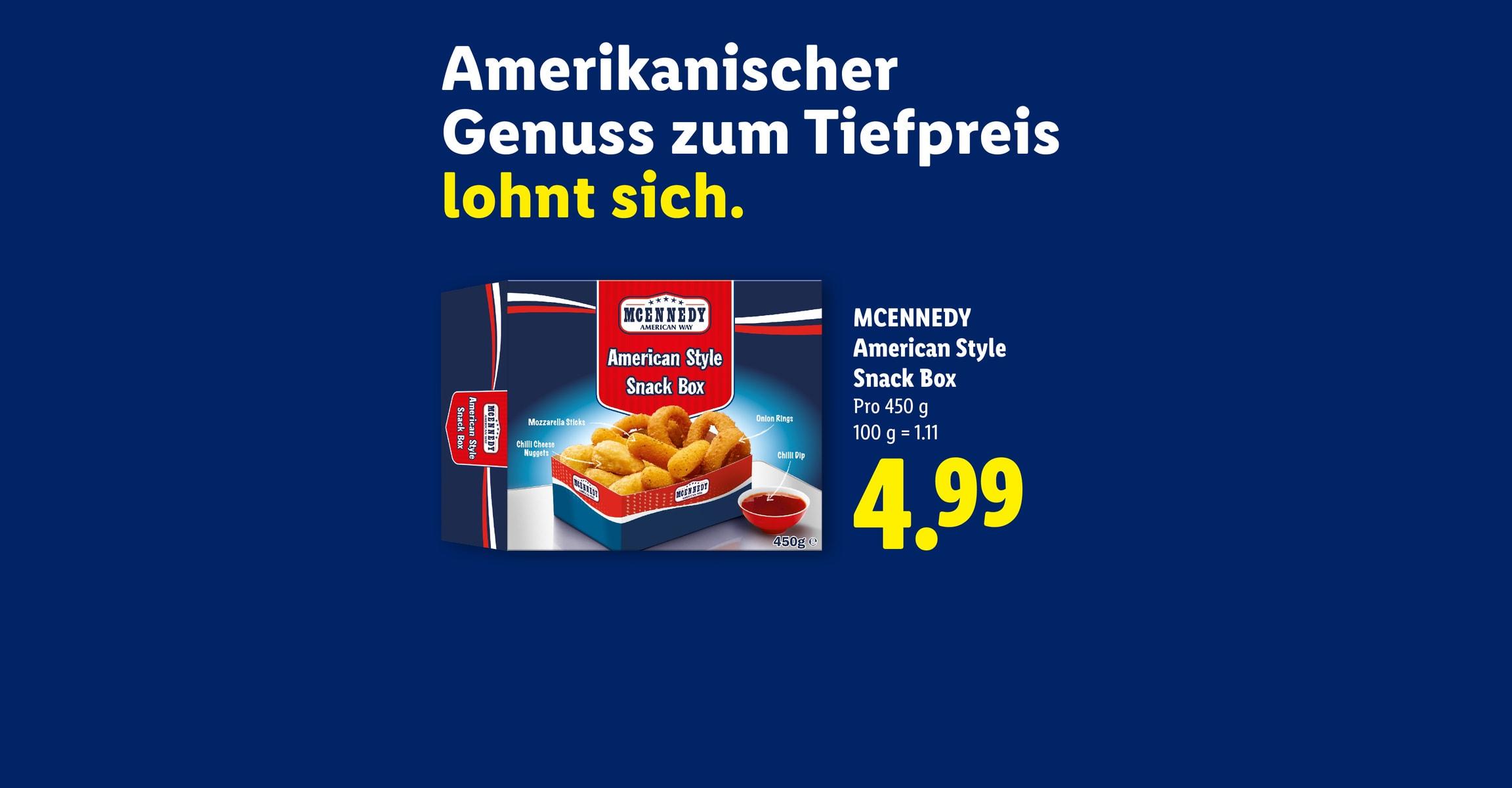 Amerikanischer Genuss zum Tiefpreis lohnt sich. MCENNEDY American Style Snack Box Pro 450 g 100 g = 1.11 CHF 4.99