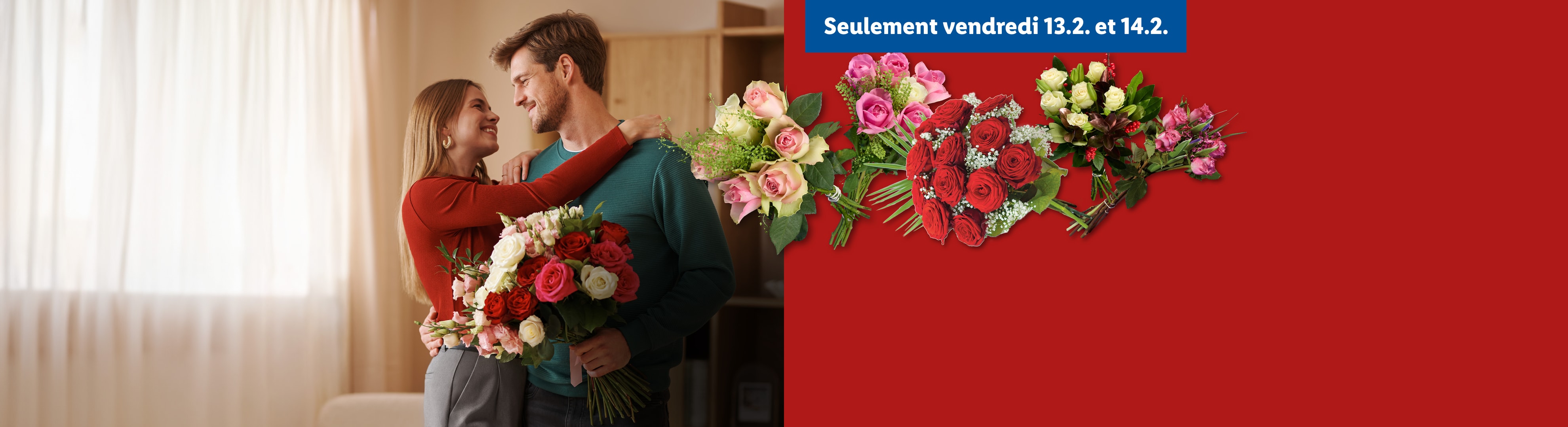Couple souriant avec des bouquets de roses, promotion Saint-Valentin les 13 et 14 février.