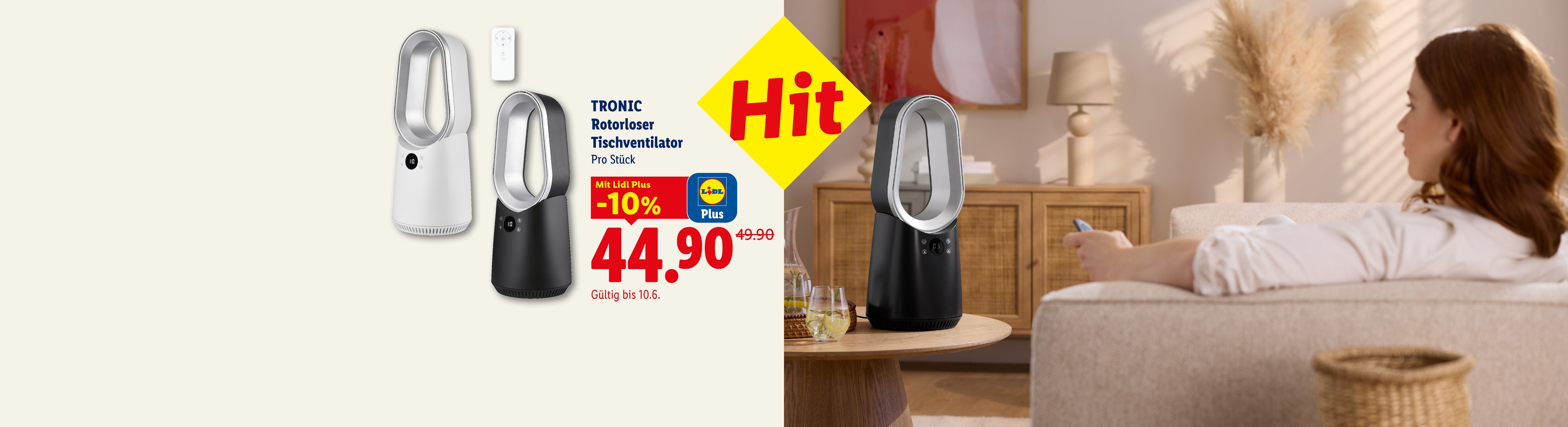 Ein rotorloser Tischventilator in Schwarz und Weiß, mit einer Frau, die eine Fernbedienung benutzt, im Angebot für 44,90.