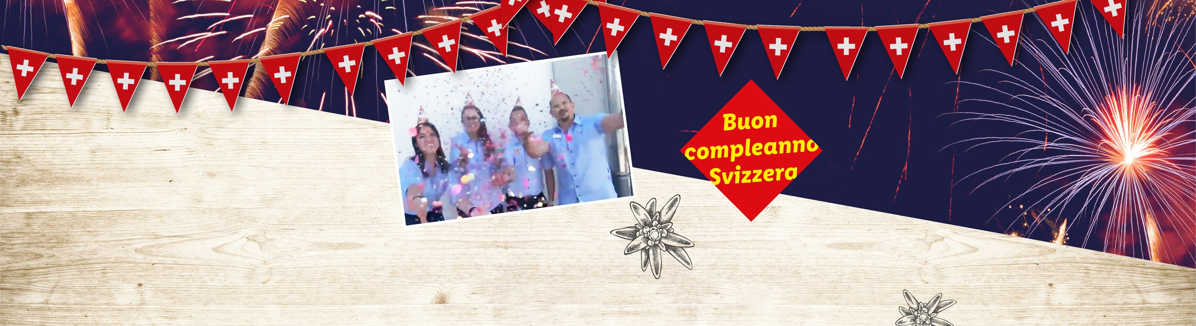 Auguri di buon compleanno alla Svizzera! Immagine di festa con fuochi d'artificio e persone allegre.