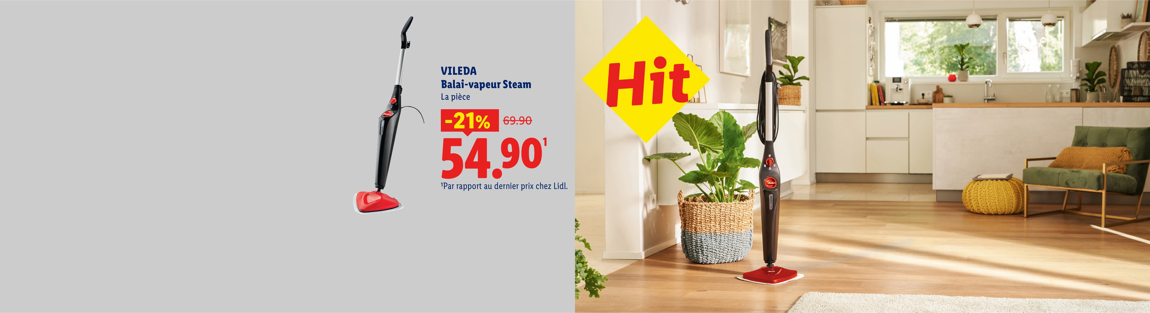 Balai-vapeur avec 21% de réduction à 54,90 € dans une cuisine moderne.