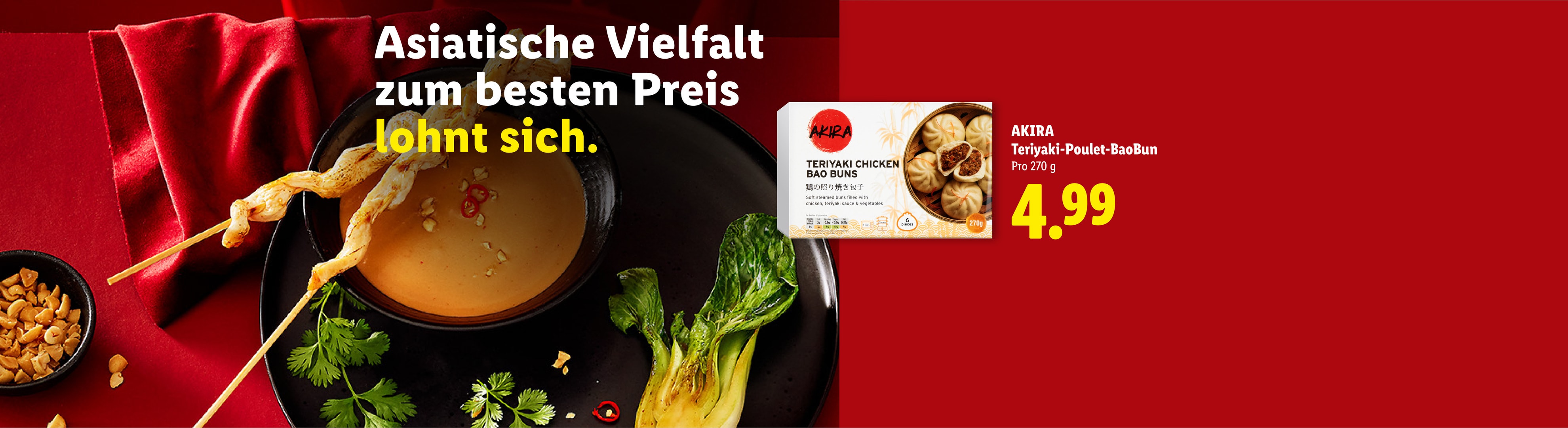 Asiatische Vielfalt mit Teriyaki-Hähnchen-Bao Buns und Spießen, zum besten Preis.