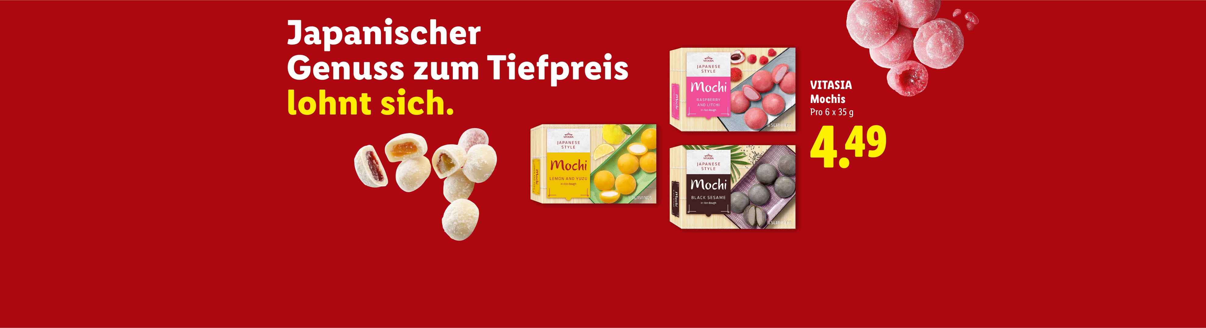 Japanische Mochis in verschiedenen Geschmacksrichtungen, darunter Himbeere, Litschi, Zitrone, Yuzu und schwarzer Sesam, zum Sonderpreis.