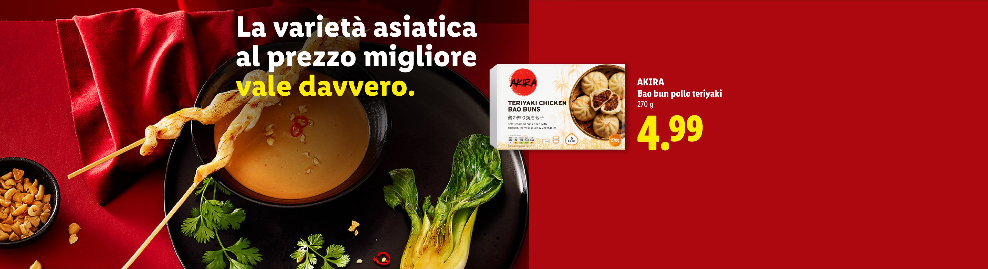 Piatti asiatici con bao bun di pollo e arachidi, prezzo 4,99