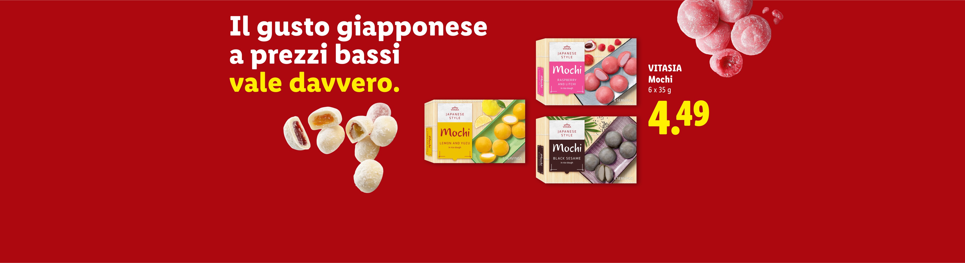 Mochi giapponesi in vari gusti come lampone, litchi, limone, yuzu e sesamo nero, pubblicizzati come convenienti.