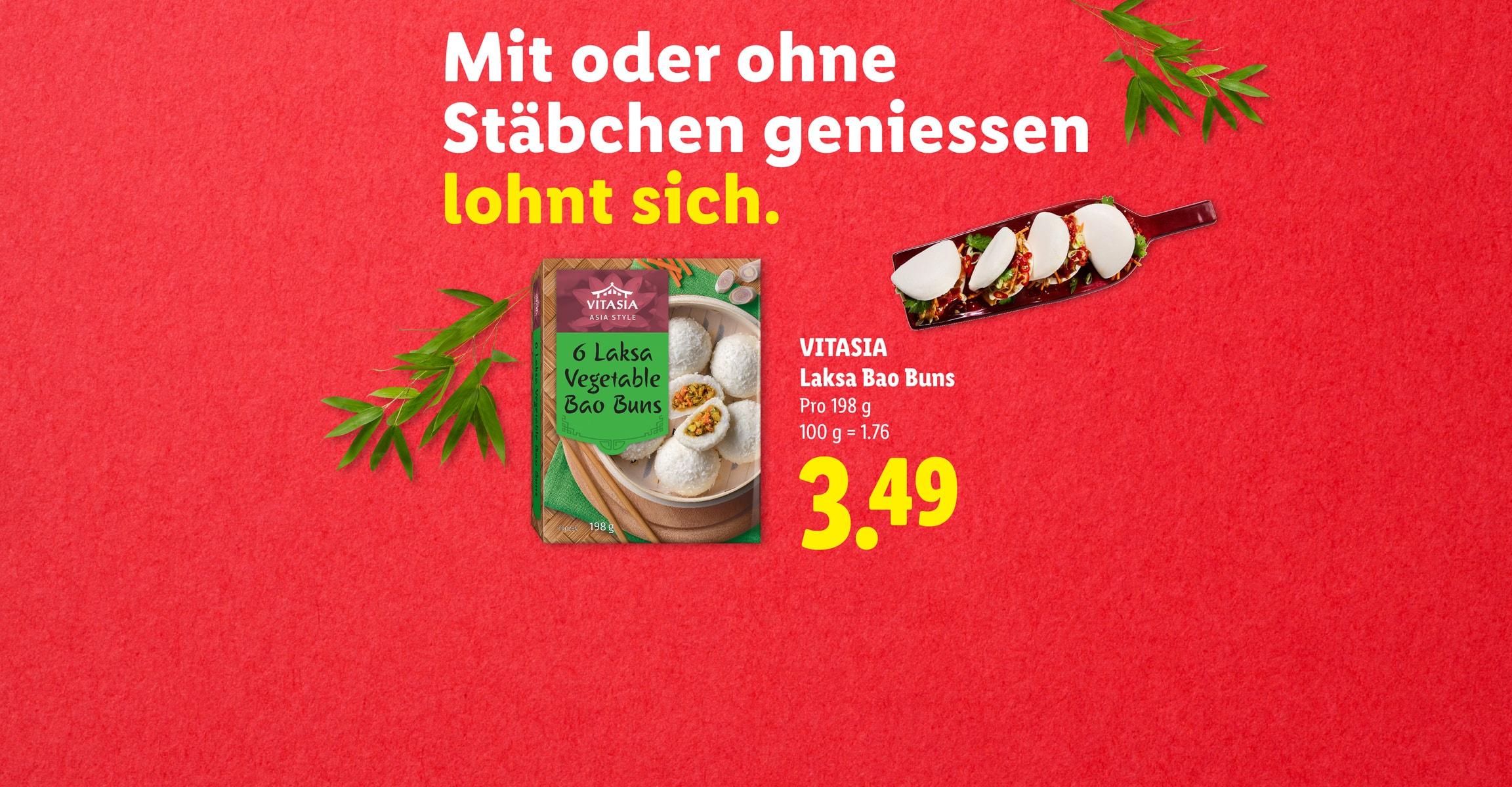 Mit oder ohne Stäbchen geniessen lohnt sich. VITASIA Laksa Bao Buns Pro 198 g 100 g = 1.76 CHF 3.49