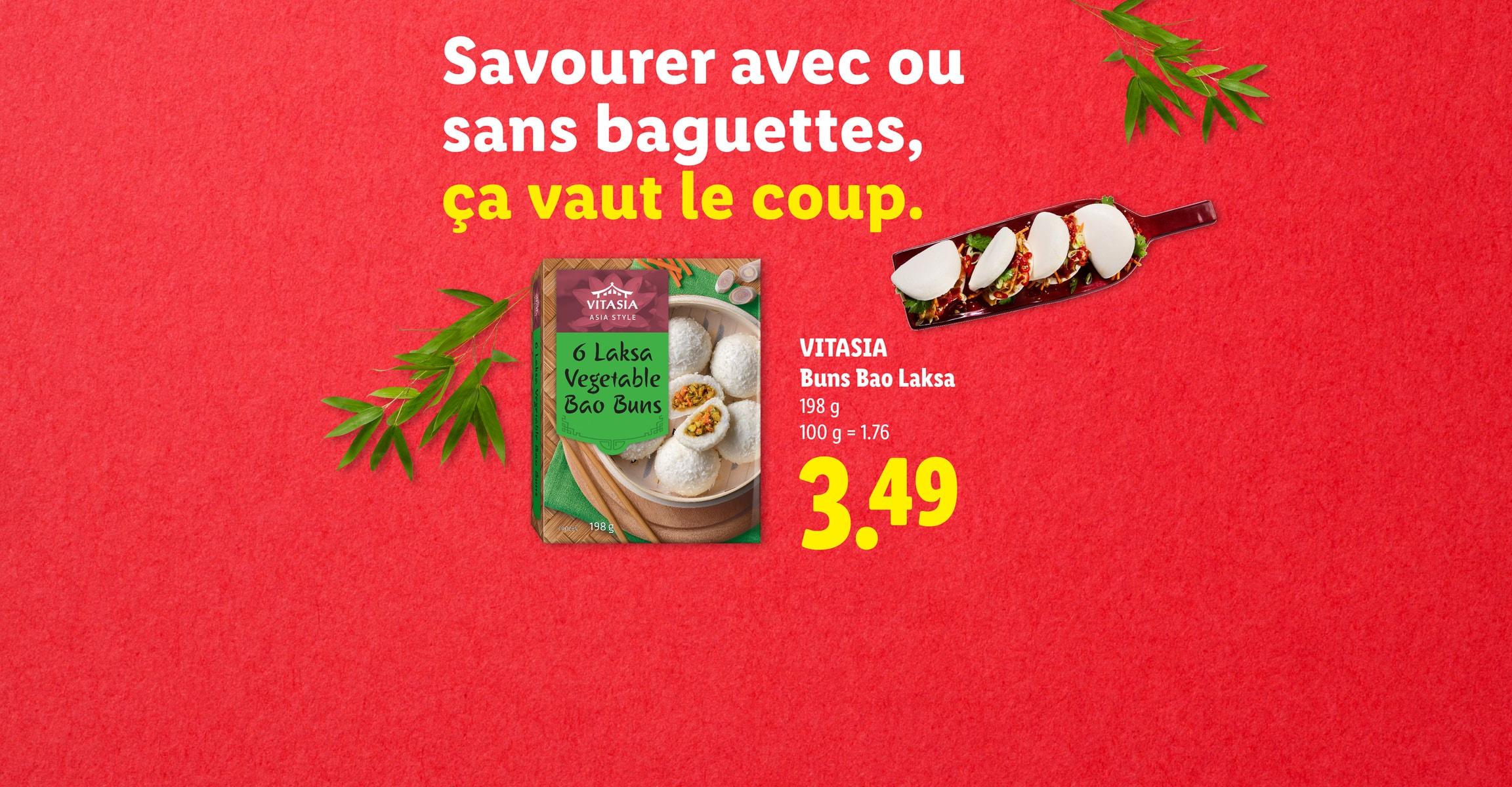Savourer avec ou sans baguettes, ça vaut le coup. VITASIA Buns Bao Laksa 198 g 100 g = 1.76 CHF 3.49