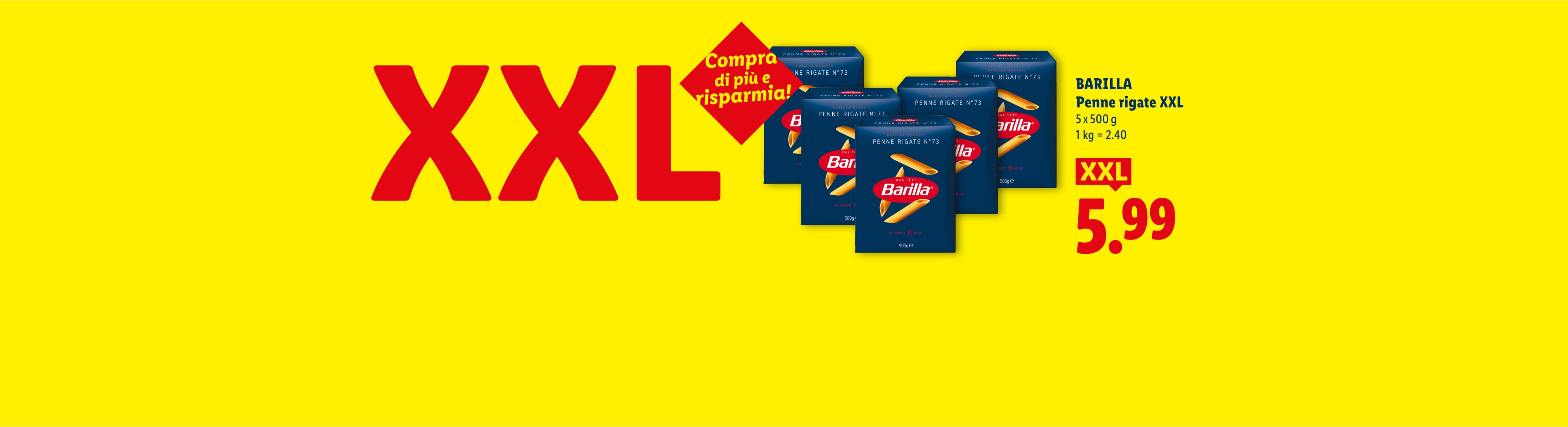 Confezione convenienza di pasta penne rigate, 5 x 500g, a 5,99€.