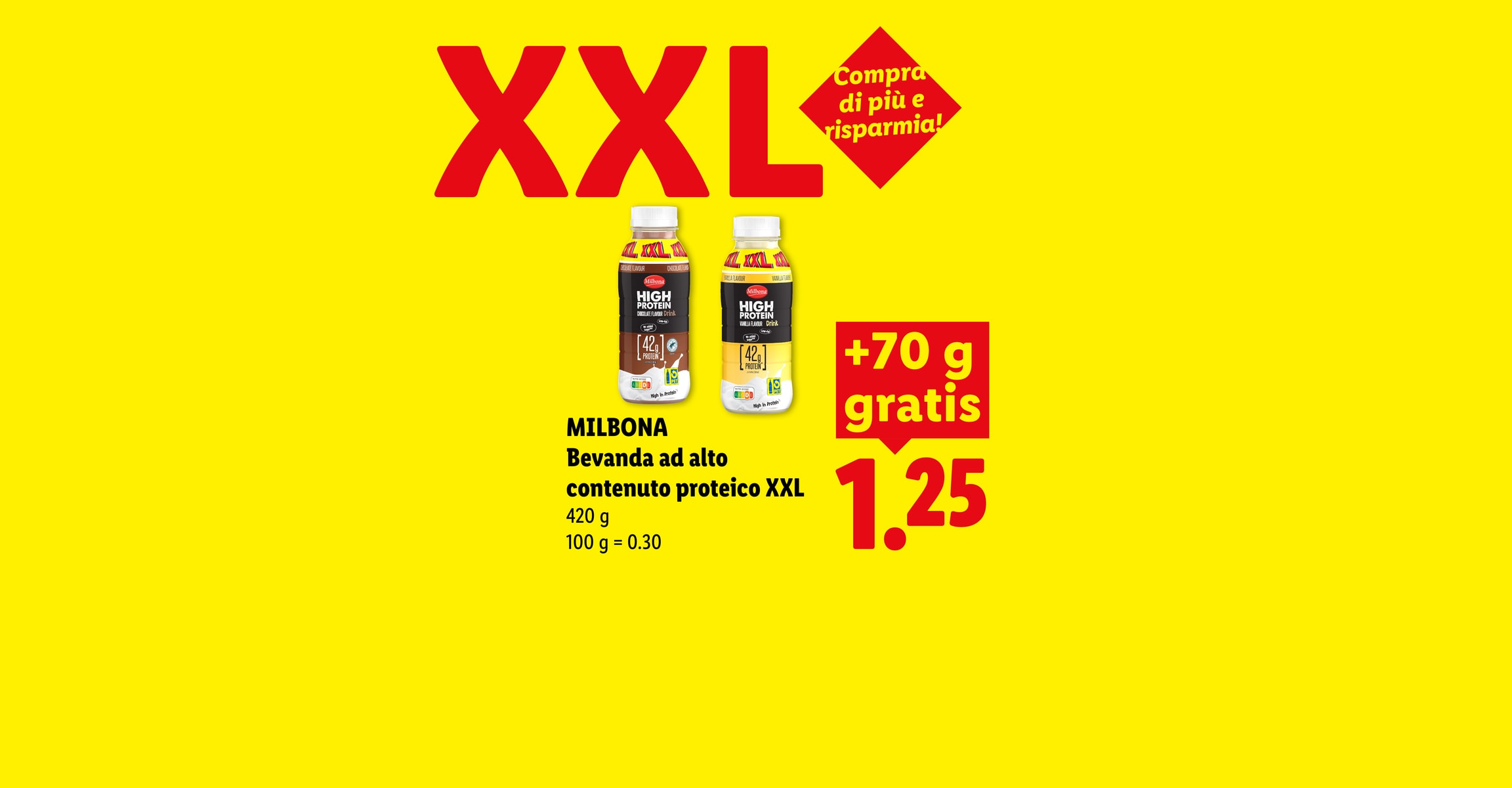 XXL Compra di più e risparmia! MILBONA Bevanda ad alto contenuto proteico XXL 420 g 100 g = 0.30 +70 g gratis CHF 1.25