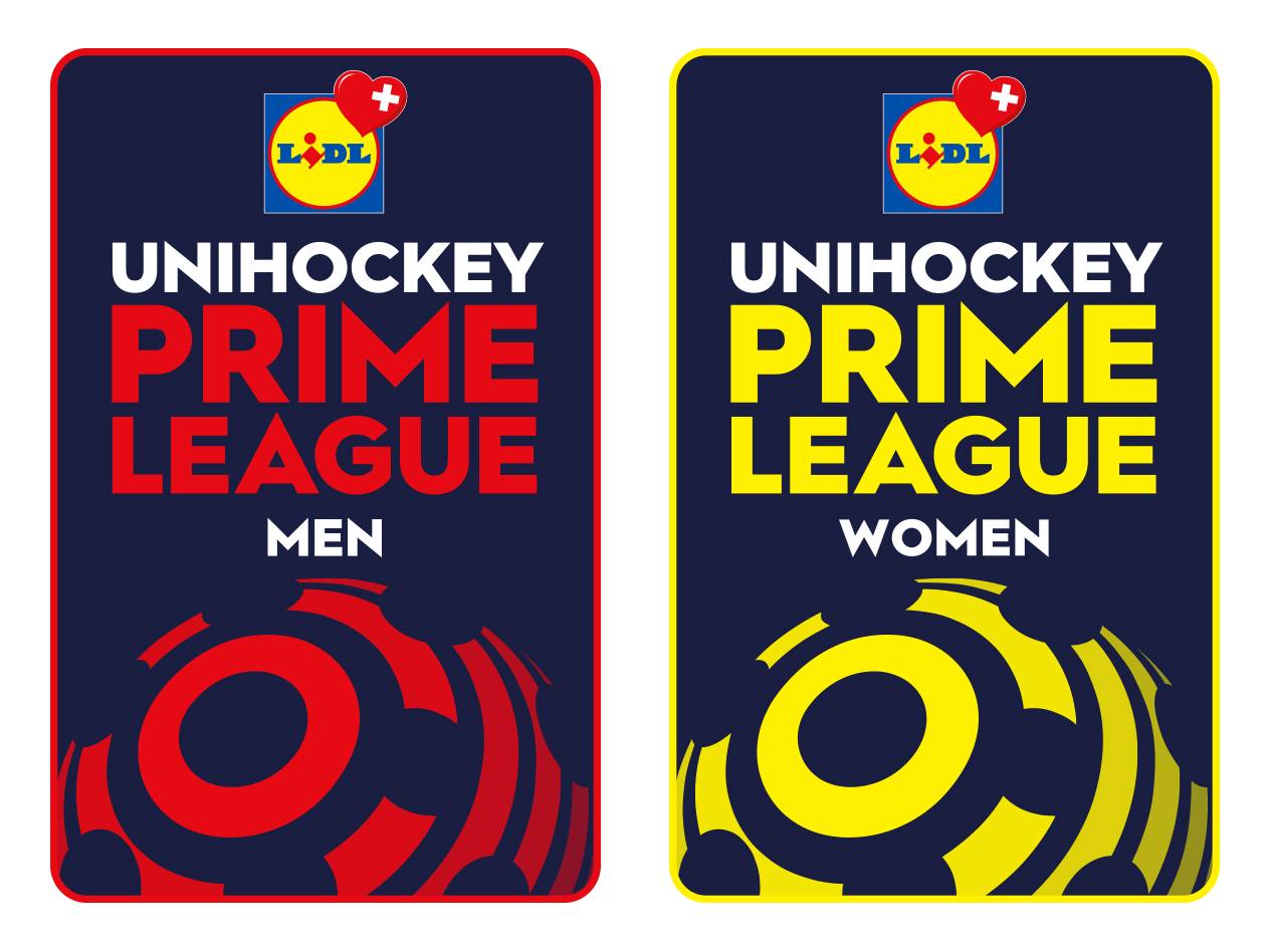 Due poster per la Unihockey Prime League, uno rosso per gli uomini e uno giallo per le donne, sponsorizzati da Lidl.