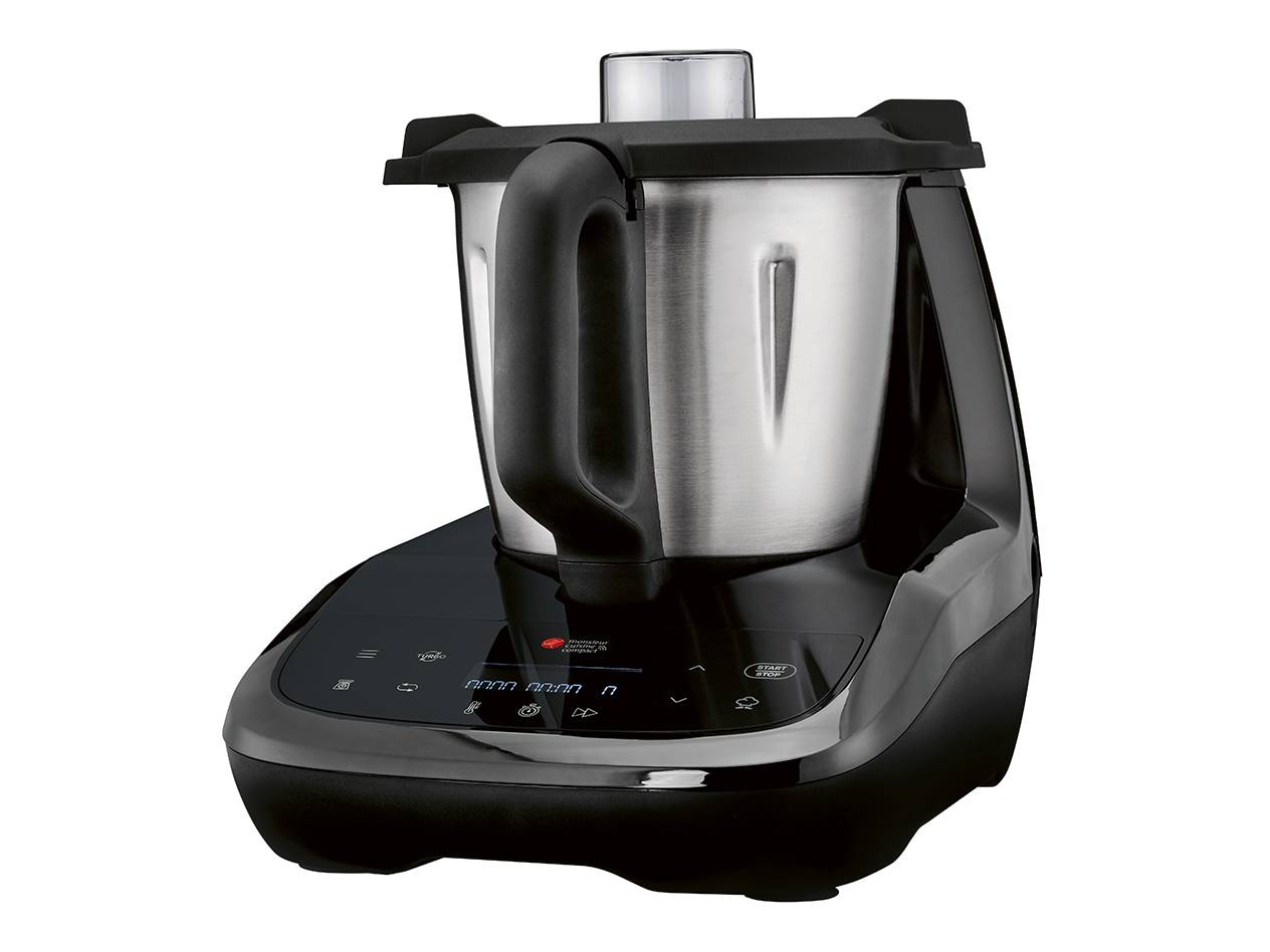 Schwarze und silberne Multifunktions-Küchenmaschine mit Touchscreen und Edelstahlschüssel.