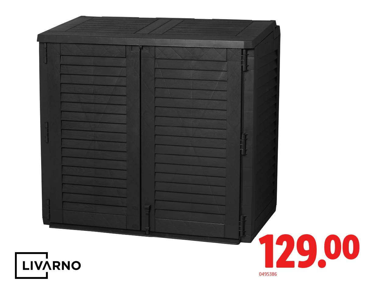 Armadio da esterno nero con ante a persiana e coperchio, mostrato con il prezzo di 129.00.