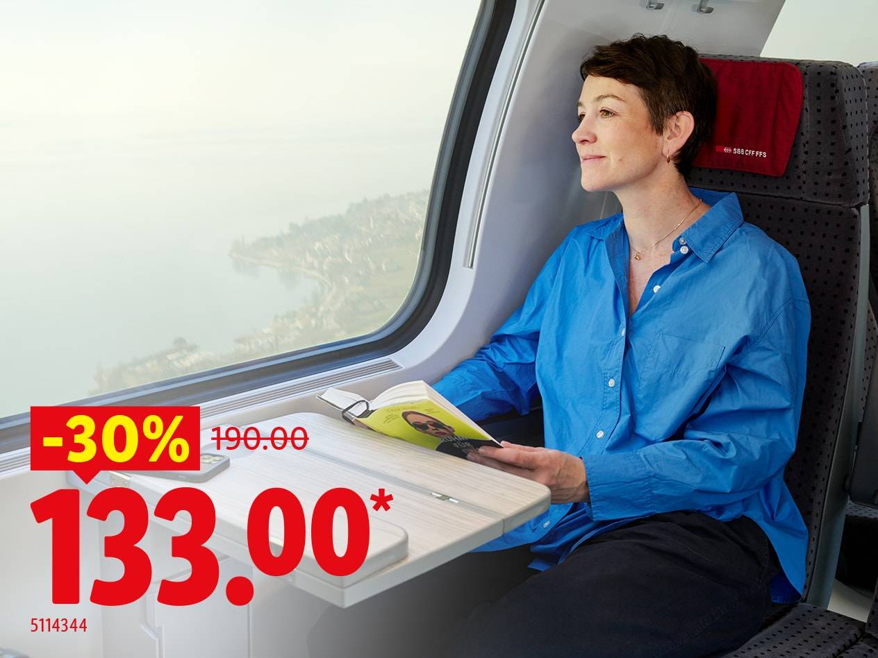 Frau liest in einem modernen Zug, mit 30% Rabatt auf einen Preis von 133.00 angezeigt.
