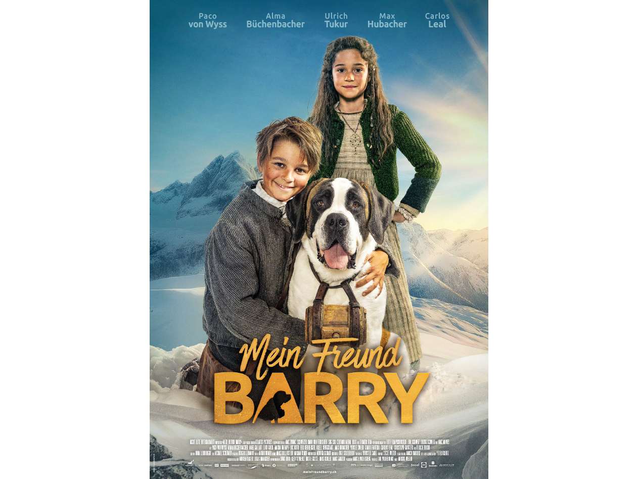 Filmplakat 'Mein Freund Barry' mit zwei Kindern und einem Bernhardiner in verschneiten Bergen.
