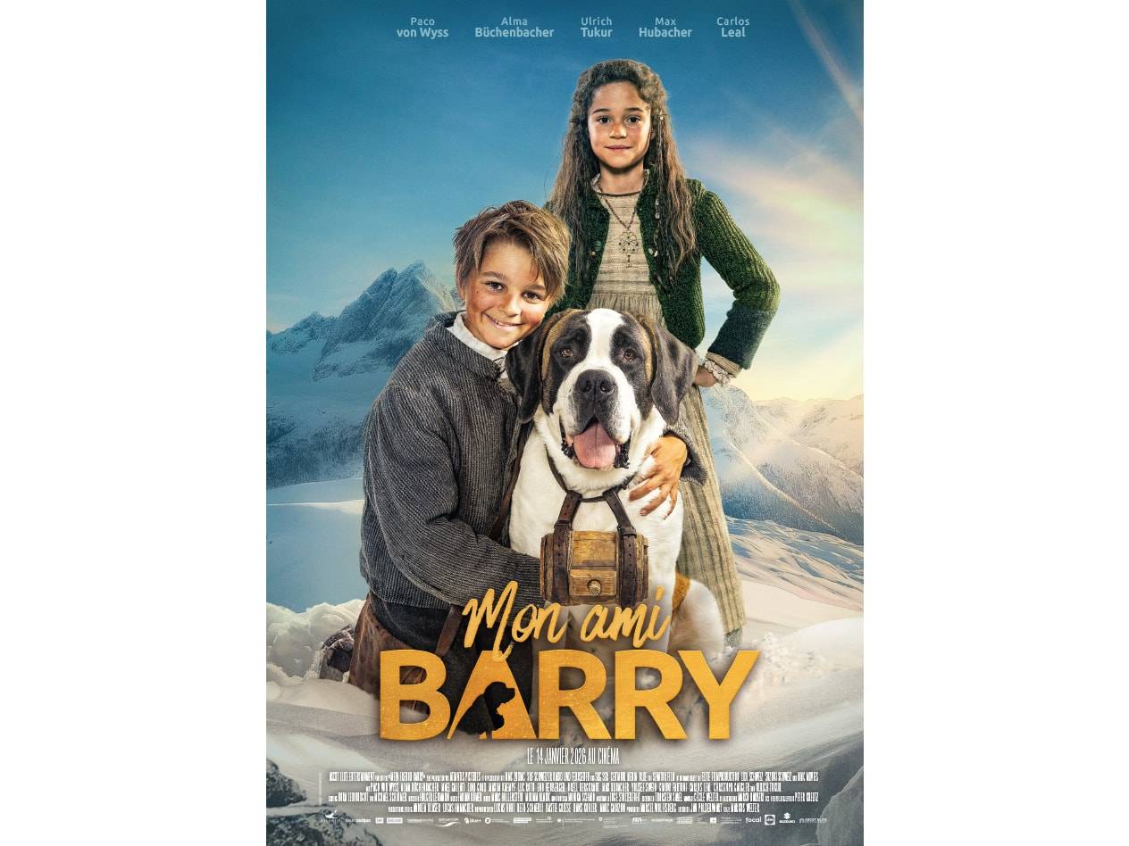 Affiche de film 'Mon ami Barry' avec deux enfants et un chien Saint-Bernard dans la neige.