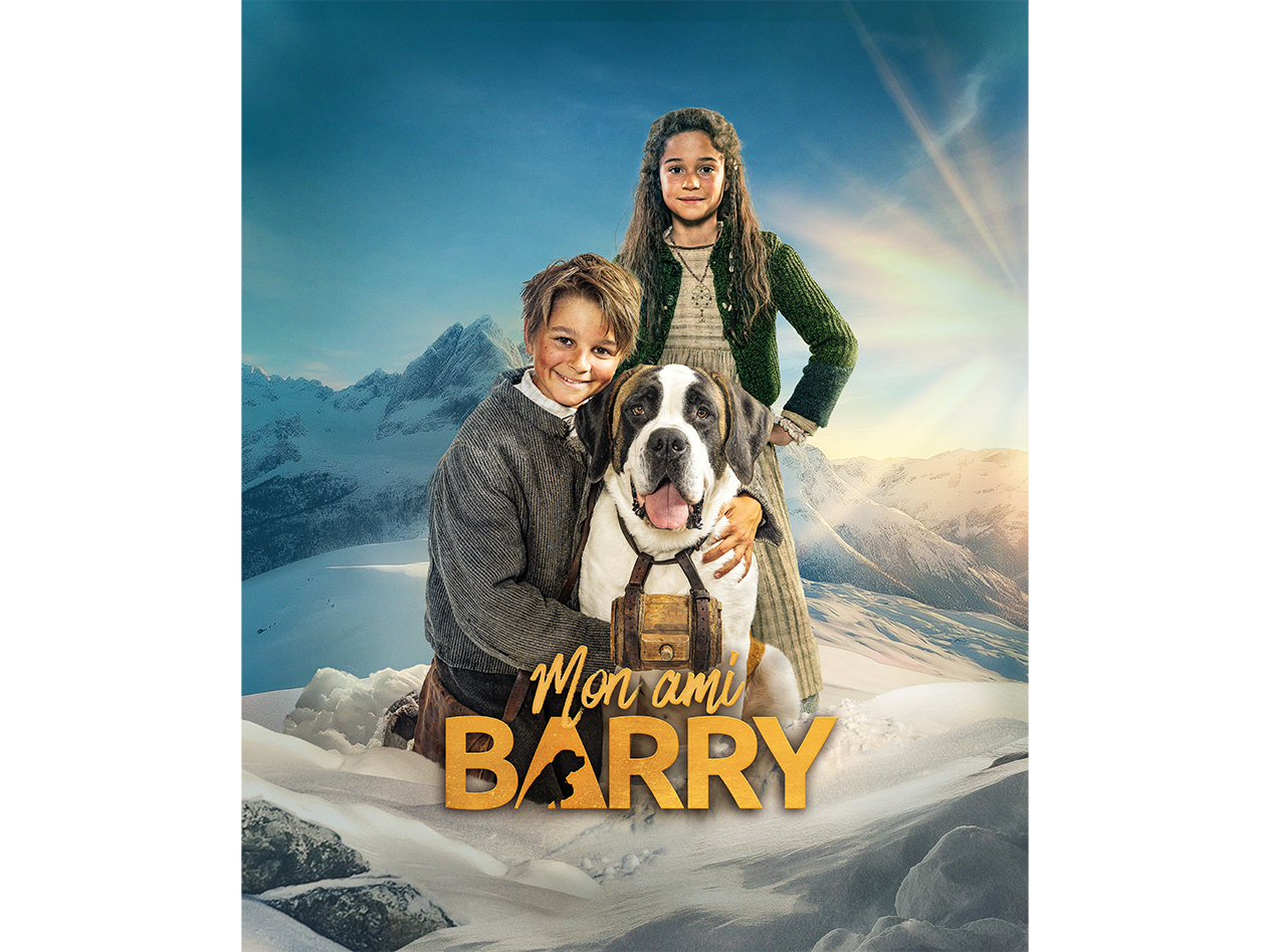 Deux enfants et un chien Saint-Bernard dans un paysage enneigé, avec le titre 'Mon ami BARRY'.