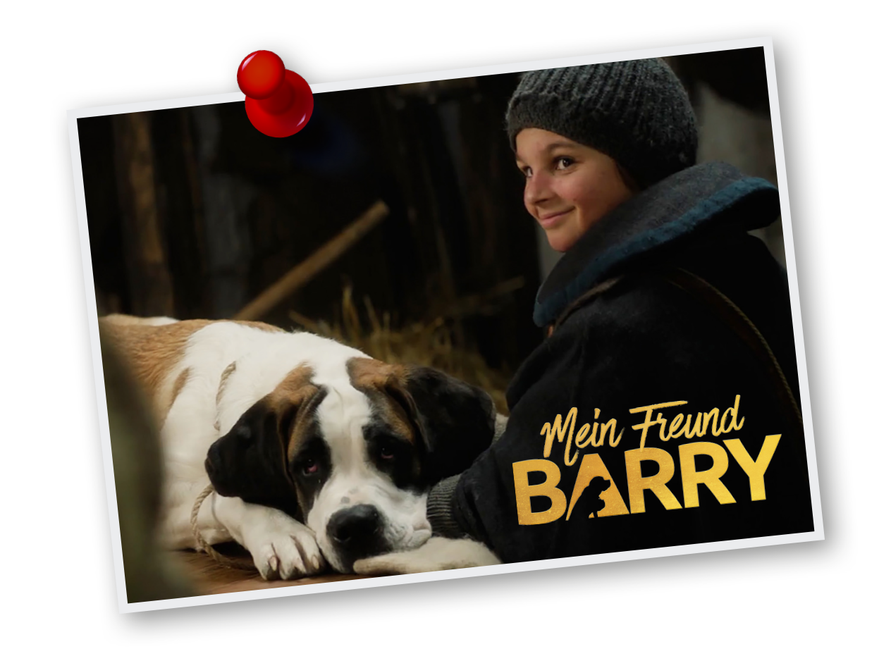 Filmplakat „Mein Freund Barry“ mit einem Kind und einem Bernhardinerhund.