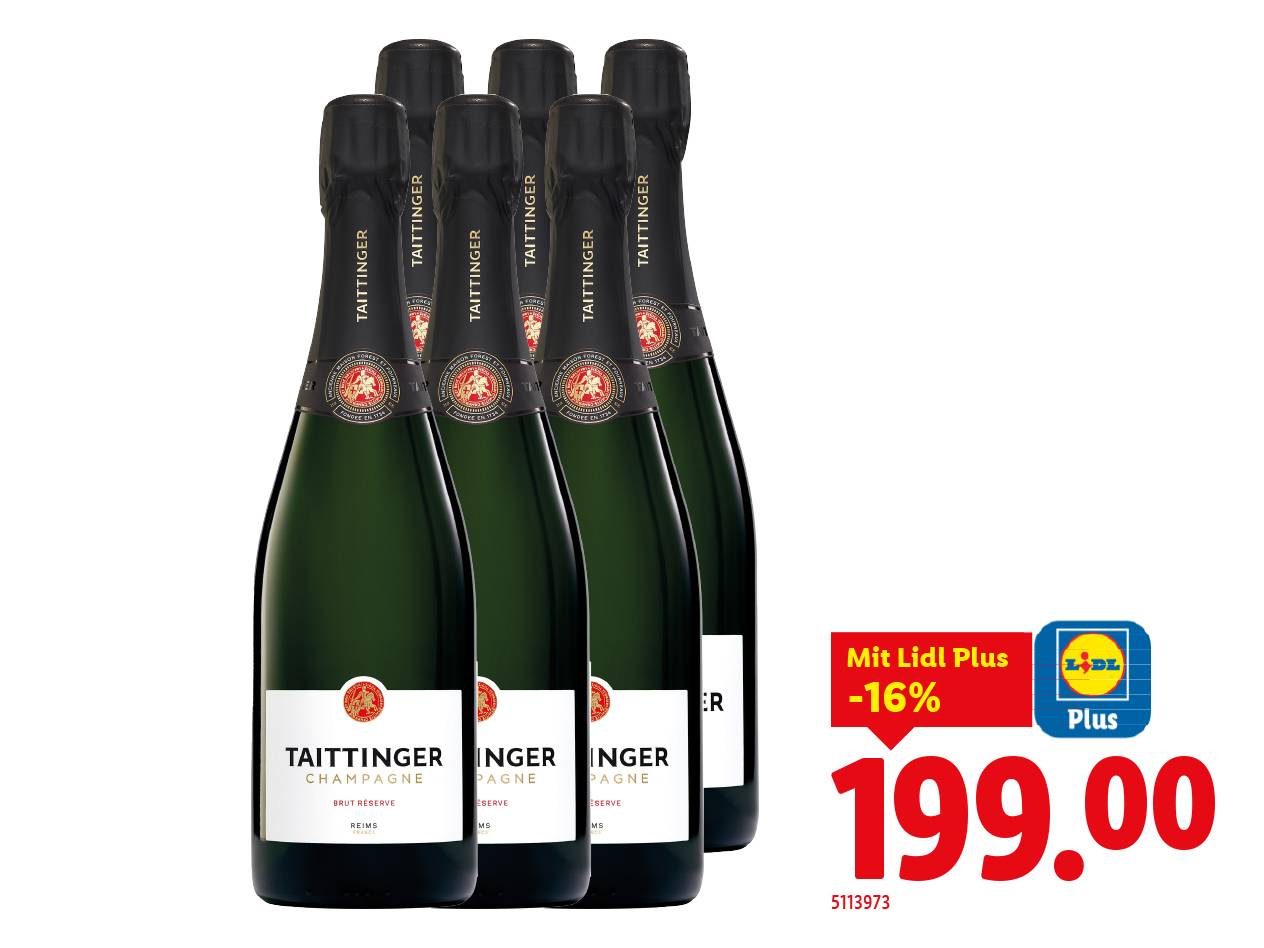 Sechs Flaschen Taittinger Brut Réserve Champagner mit einem Lidl Plus Angebot für 199,00.