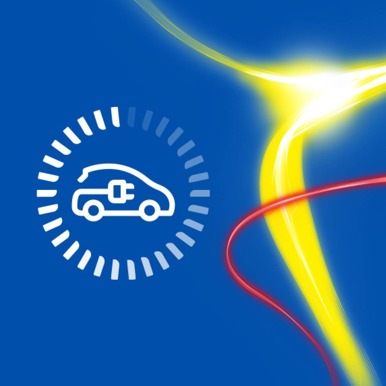 Icône de voiture électrique en charge sur fond bleu avec des lignes lumineuses jaunes et rouges.
