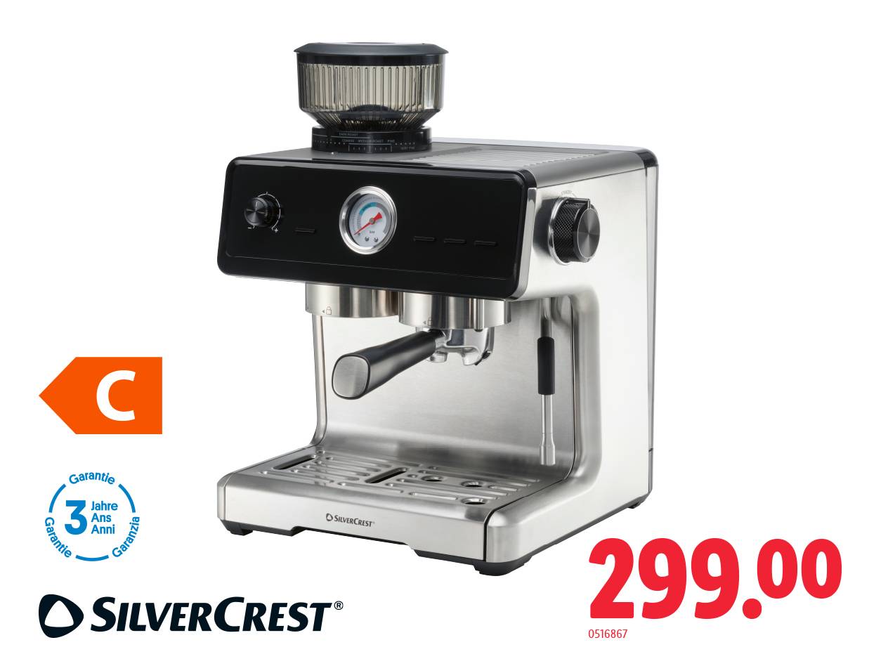 Silvercrest Espressomaschine mit integrierter Mühle, 3 Jahre Garantie, Preis 299,00.