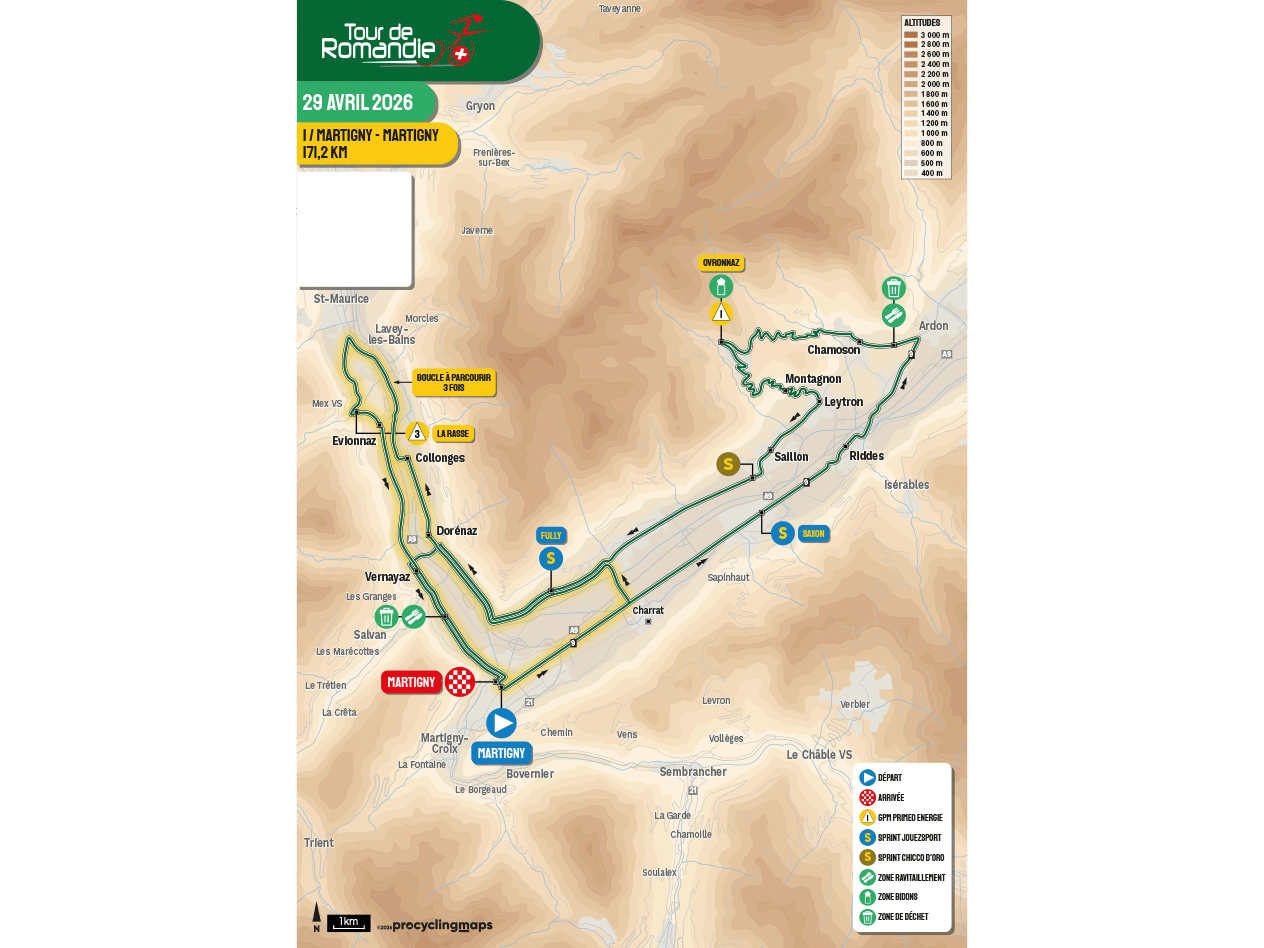 Carte du parcours cycliste du Tour de Romandie 2026, étape Martigny-Martigny de 171,2 km.