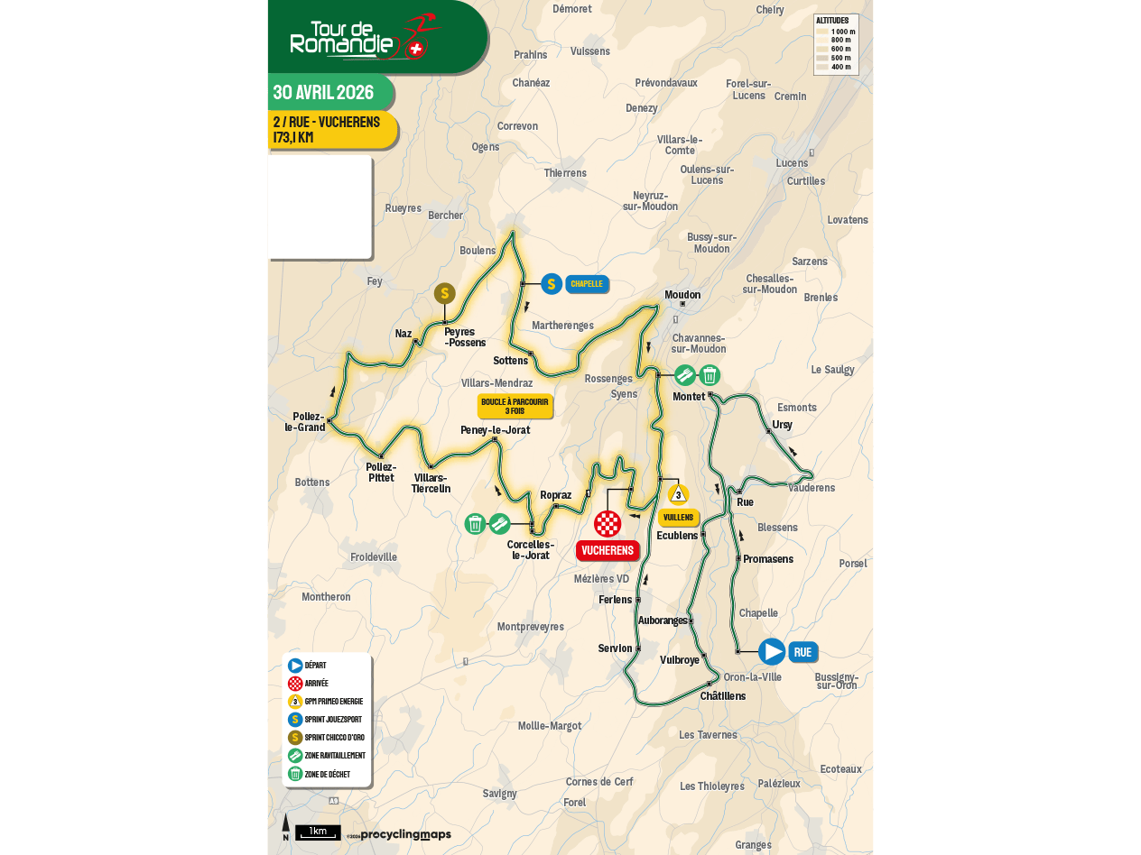 Carte du parcours cycliste du Tour de Romandie 2026, étape 2, Rue-Vucherens, 173,1 km.