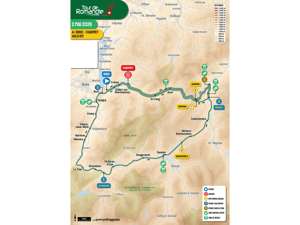Carte du parcours du Tour de Romandie 2026, étape 4 de Broc à Charmey, avec altitudes et points d'intérêt.