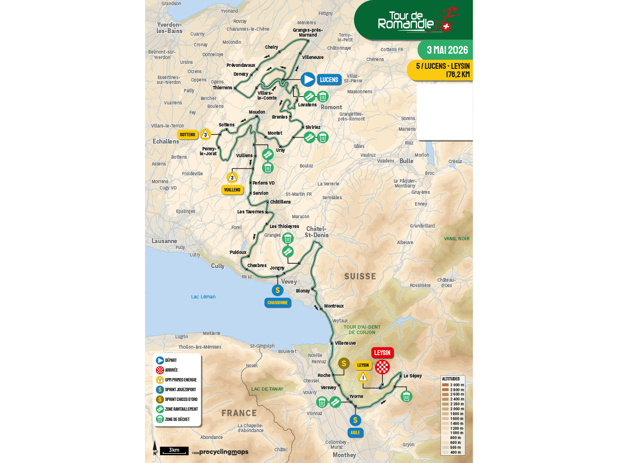 Carte du parcours de la 5ème étape du Tour de Romandie 2026, de Lucens à Leysin, 178,2 km.
