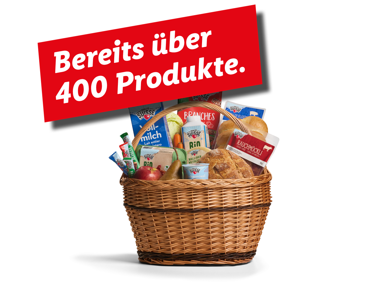 Korb gefüllt mit Milchprodukten, Brot, Fleisch und Gemüse, mit dem Text „Bereits über 400 Produkte“.