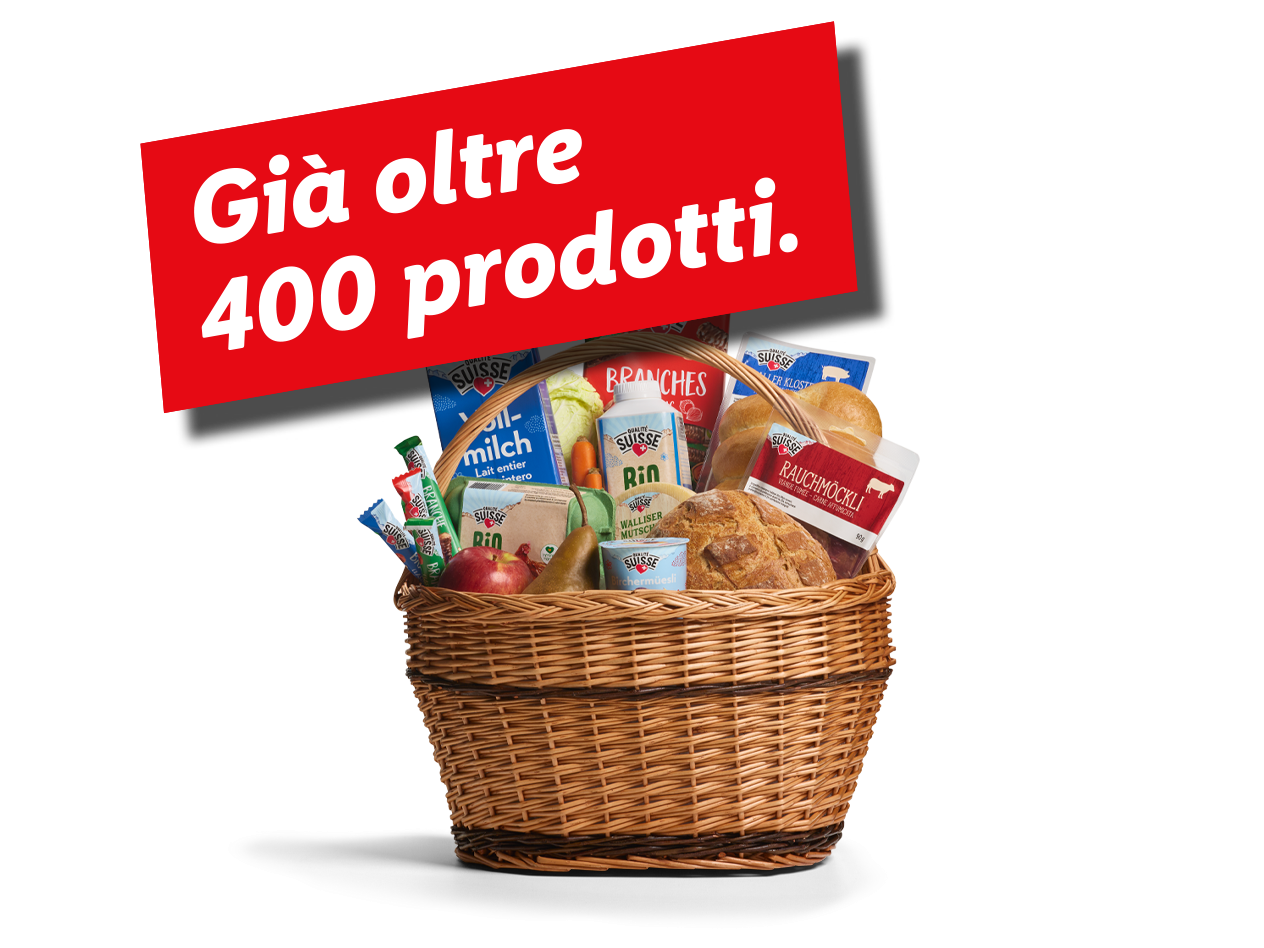 Cesto di vimini con pane, latte, formaggio, frutta e verdura, con la scritta 'Già oltre 400 prodotti'.
