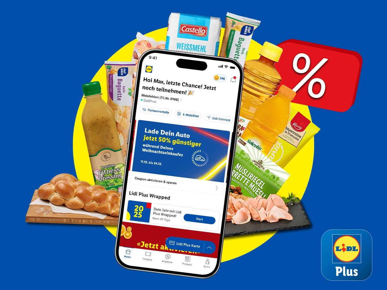 Lidl Plus App mit Angeboten für Lebensmittel wie Brot, Saucen und Müsliriegel.