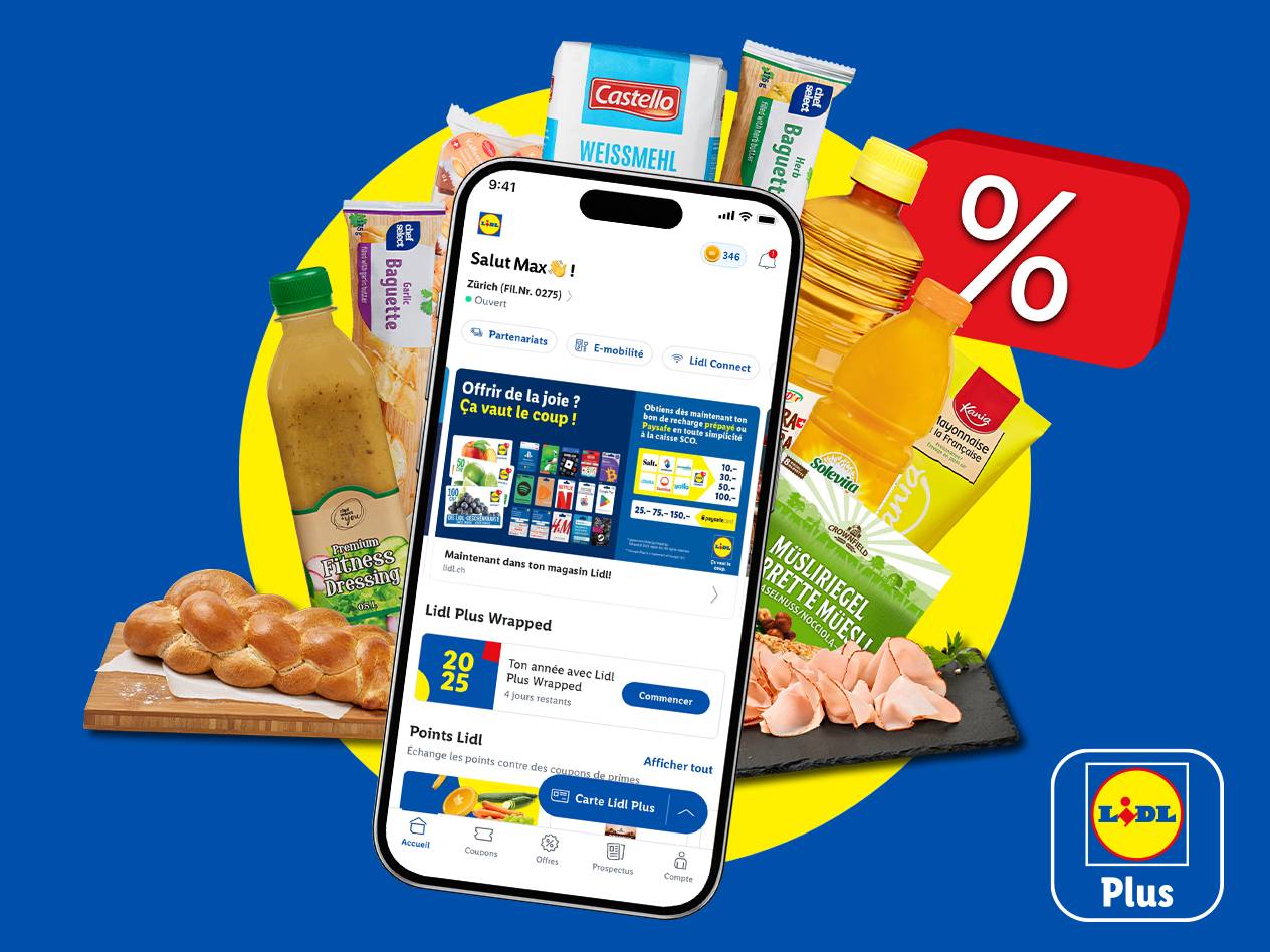 Application Lidl Plus avec des produits alimentaires comme du pain, des sauces, du muesli et des réductions.
