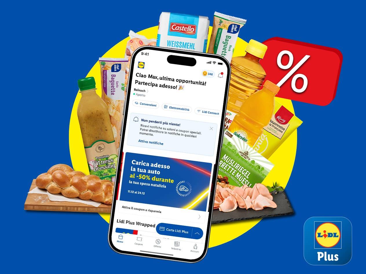 Smartphone con app Lidl Plus che mostra offerte e prodotti alimentari come pane, salse e muesli.