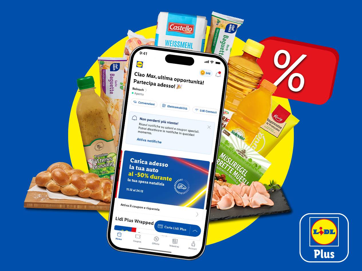 App Lidl Plus con offerte e prodotti alimentari come pane, salse, bevande e cereali.