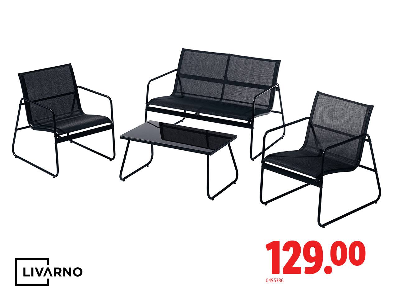 Salon de jardin noir avec deux chaises, un canapé et une table basse, prix 129.00.