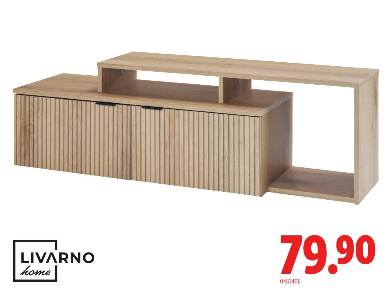 Helles LIVARNO home TV-Möbel aus Holz mit Regalen und Lamellentüren, Preis 79.90.