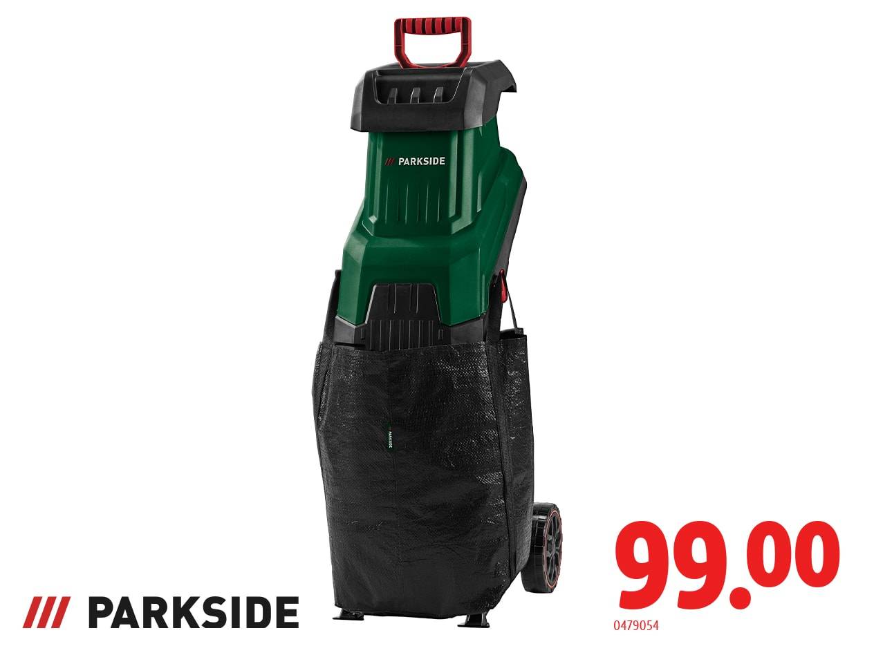 Grüner Parkside Gartenhäcksler mit schwarzem Auffangsack, Preis 99,00.
