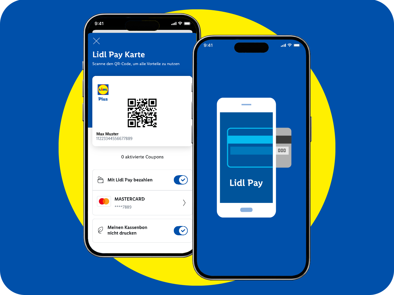 Zwei Smartphones zeigen die Lidl Pay Karte und die Lidl Pay App mit Kreditkartenintegration.