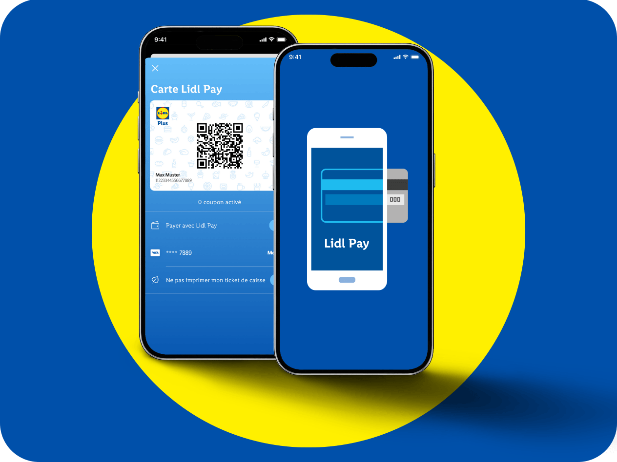 Deux smartphones affichent l'application de paiement mobile avec code QR et options de paiement.